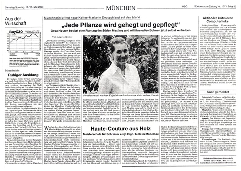 Kaffee San Carlos in der Presse: Süddeutsche Zeitung
